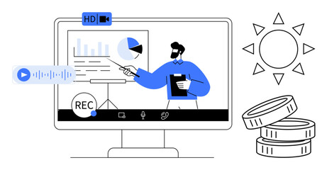 Business professional presenting analytics on a computer screen, video recording, coins, and a sun. Ideal for education, business, marketing, technology finance online training webinars. Simple
