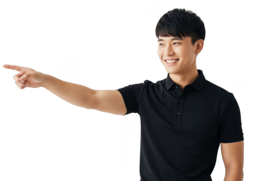 Young asian man wearing a black polo shirt pointing to the left with a smile isolated on transparent background - Powered by Adobe