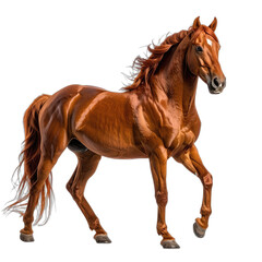 Obraz premium A majestic chestnut horse with a flowing mane and tail gracefully moves against a stark black background.
