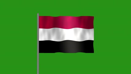 Flag of Yemen, Pole flag of Yemen on Green screen chroma key, Yemen 3D Animation flag waving in the wind isolated on Green Background. 
