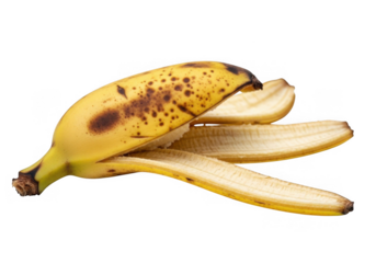A ripe banana peel with brown spots isolated on transparent background, showcasing the natural aging process and the decomposition of the fruits outer layer