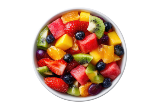 Colorful fruit salad in a white bowl.  Fresh, vibrant cubes of watermelon, mango, kiwi, strawberries, blueberries, and orange segments are arranged together.  A top-down view