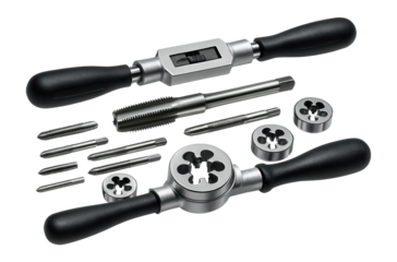 Plastic-handled tap and die set with coarse and fine threads for DIY projects.