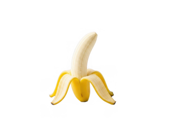 A peeled banana isolated on transparent background, showcasing the creamy white flesh and the partially open yellow peel, ready to be enjoyed as a healthy snack