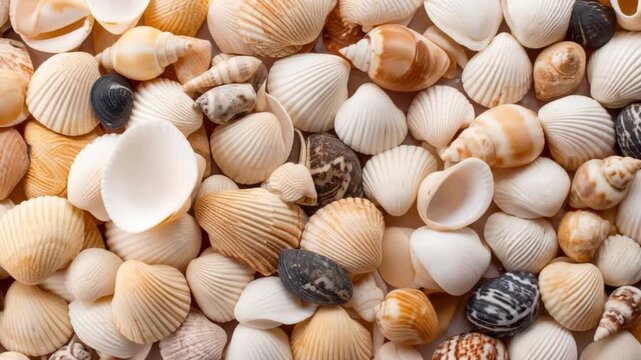 Close up view of various seashells showing a collection of marine mollusks with textured surfaces