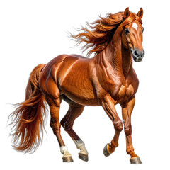 Obraz premium A majestic chestnut horse with a flowing mane and tail gallops dynamically against a stark black background, showcasing its powerful physique.