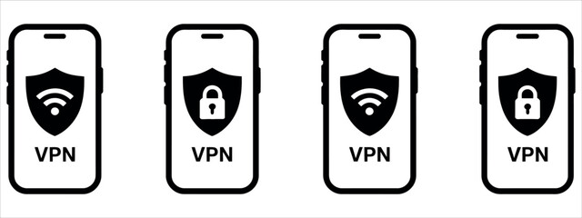 Secure your connection with VPN app icons for mobile privacy and data protection, featuring shield and padlock symbols for trusted network security.
