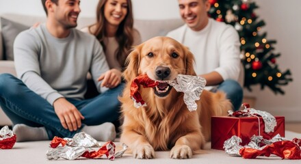 Golden retriever dog playing with gift wrap at Christmas. Happy family celebration with pet. Joyful holiday concept for greeting card.