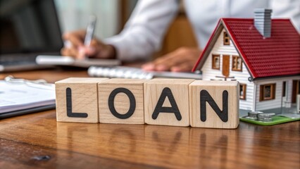Person writing with loan and house model on desk