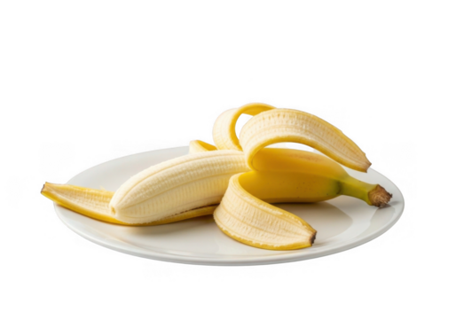 Peeled banana on a white plate isolated on transparent background, showcasing its creamy texture and vibrant yellow color, a healthy and delicious fruit option