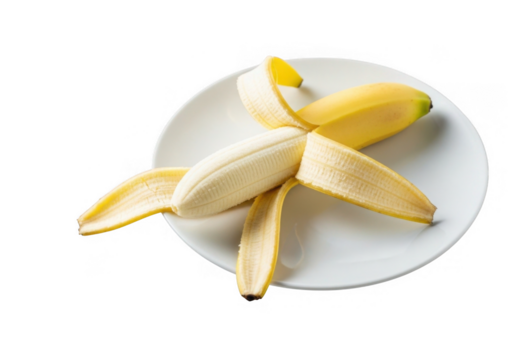 Peeled banana on a white plate isolated on transparent background, showcasing its creamy texture and vibrant yellow color, a healthy and delicious fruit option