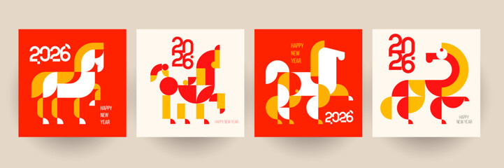 Modern template design with silhouette horse in fashion minimalist style. Chinese new year 2026. Set holiday background for cover, invitation, poster, banner, flyer, placard. Vector illustration.