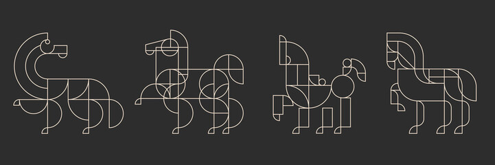 Horses silhouette in modern minimalist style. Collection fashion characters from geometric line shapes for design project. Vector illustration mascot of year 2026.