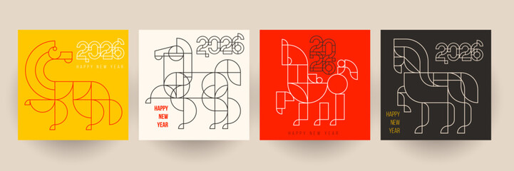Chinese new year 2026. Set holiday background for cover, invitation, poster, banner, flyer, placard. Modern template design with silhouette horse in fashion minimalist style. Vector illustration.