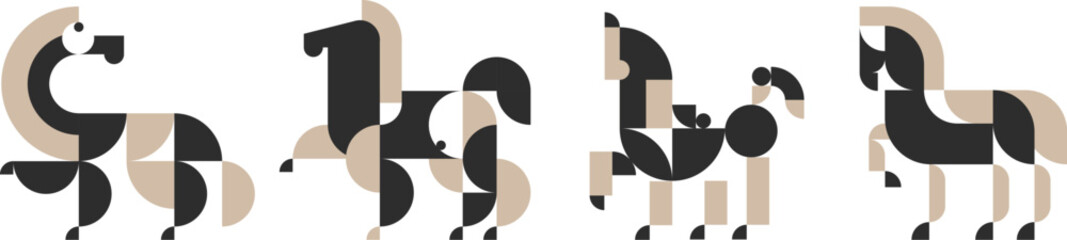 Set of horses silhouette in modern minimalist style. Collection fashion characters from geometric shapes for design project. Vector illustration mascot of year 2026.