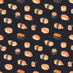 Seamless vector pattern with sushi in pastel colors on a dark background. Perfect for posters, fabric decoration, packaging, wallpaper, or backgrounds.