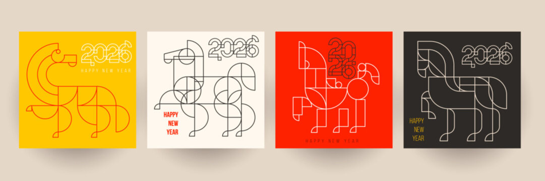 Chinese new year 2026. Set holiday background for cover, invitation, poster, banner, flyer, placard. Modern template design with silhouette horse in fashion minimalist style. Vector illustration.