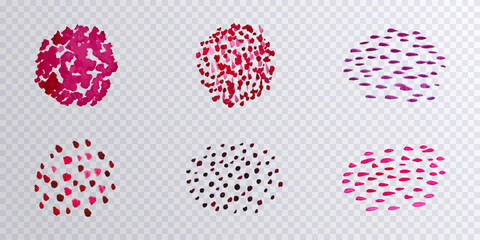 Collection of pink watercolor dots isolated on transparent background. Set of pink  decorative splashes. Art decorations. Watercolour splashes. Design elements. Vector illustration.