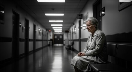Elderly woman sitting alone in hospital hallway looking sad and lonely healthcare and aging issues concept 100