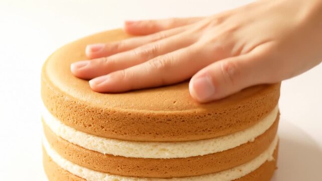 Person Smoothes Layer Cake With Bare Hand in Preparation Process