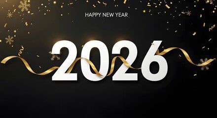 Happy new year 2026 with golden ribbons and falling confetti on a dark background