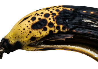 Closeup of a very ripe banana with black spots and a split peel, isolated on transparent background the fruit is past its prime and starting to decay