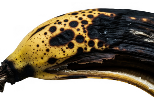 Closeup of a very ripe banana with black spots and a split peel, isolated on transparent background the fruit is past its prime and starting to decay