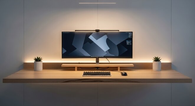 Modern minimalist home office setup with ultrawide monitor and led lighting for productivity and focus