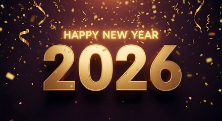 Golden 2026 text with happy new year and falling confetti for celebration
