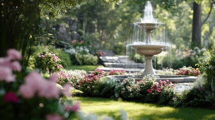 stone tiered fountain spills water surrounded by lush green grass and vibrant pink and white blooming flowers in  sunlit garden setting