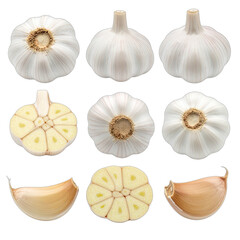 Fototapeta premium A comprehensive view of garlic, showcasing whole bulbs, a cross-section, and individual cloves.
