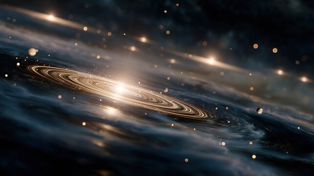 Glowing golden spiral galaxy structure with bright central star small orbiting bodies and dark nebula clouds in deep space