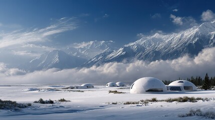 White geodesic dome structures sit in vast snowy field against backdrop of majestic snow capped mountains under blue sky