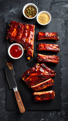 Smoked Ribs with Red BBQ Sauce Overhead View
