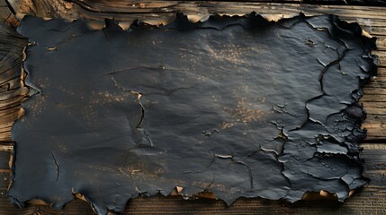 Textured dark burnt paper with fine cracks against a rich, weathered wood plank background, conveying a sense of history