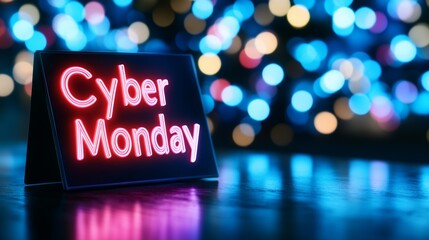 Bright neon display of Cyber Monday sales promotion during holiday shopping season