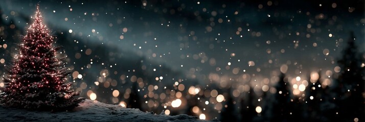 Christmas tree with glowing lights snowing winter night