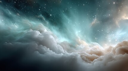 Stunning view above thick white and gray clouds towards teal and dark blue starry celestial sky nebula