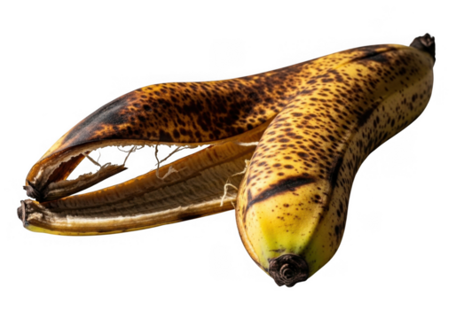 An overripe banana peel with dark spots and a split, isolated on transparent background the fruit is past its prime and starting to decompose