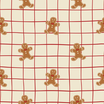 Christmas gingerbread cookies checkered seamless pattern. Tasty winter festive decoration, print, wallpaper, cozy Xmas retro print, wrapping paper, fabric, textile design. Vector illustration.