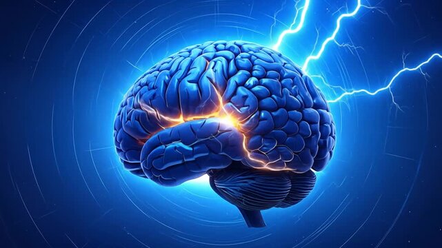 Conceptual representation of a human brain with electrical activity and lightning