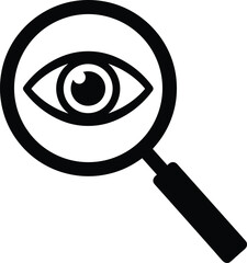 Vector icon of a magnifying glass enlarging an eye, symbolizing search, surveillance, investigation, security, hidden truth, and close examination concept.