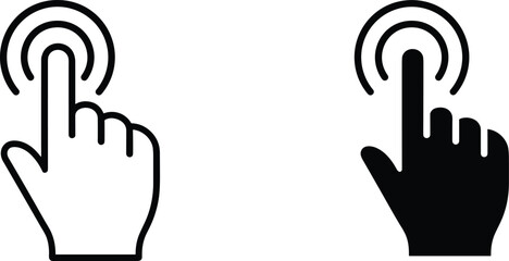 Vector icon set of hand tapping finger gesture in outline and solid fill, symbolizing click, tap, touch screen interaction, and digital command.
