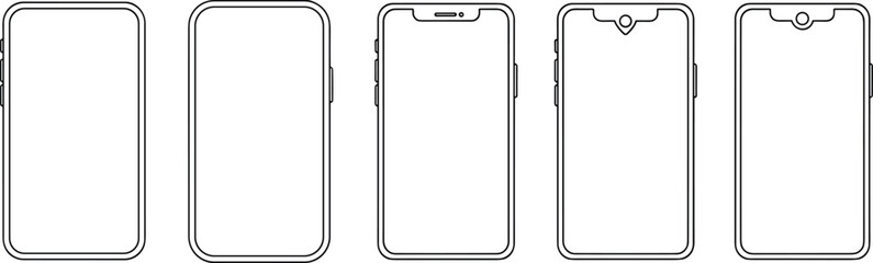 Vector set of modern smartphone outlines with various notch and camera designs, ideal for mobile app mockups, technology, and user interface design.Vector set of modern smartphone