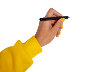 Female hand in yellow sleeve holding stylus pen, isolated on transparent background, ready to write or draw. Modern digital creativity and technology concept.
