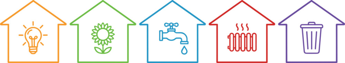 Vector set of utility inside house outlines, symbolizing electricity, water, heating, environment, and waste management for home services and smart technology.