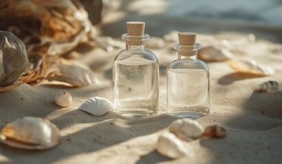 Close up of two glass bottles filled with clear water placed on sand surrounded by seashells and conch shells creating summer beachside relaxation atmosphere