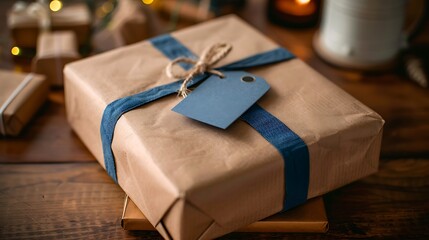 Thoughtfully wrapped parcel featuring a deep blue ribbon and customizable tag on a cozy wooden table