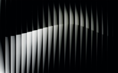 Dramatic light and shadow play across abstract vertical panels, creating a sense of depth and mystery in a dark environment