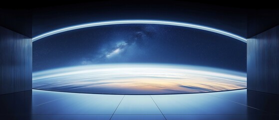 Planet Earth seen from space visible through an arch shaped window in a futuristic room with white tiles and blue walls and light